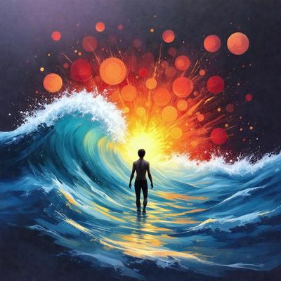 The primary subject of the image is a man standing in the ocean, surrounded by waves. The setting is the ocean, with the man being the main focus of the scene. The visual style of the image is a painting, which adds a sense of artistic expression and creativity to the scene. The colors and mood of the painting are vibrant and dynamic, with the man standing in the water and the waves surrounding him, creating a sense of movement and energy.